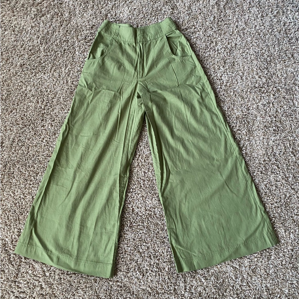 Free People Avocado Green Cotton High Waisted Cropped Pants